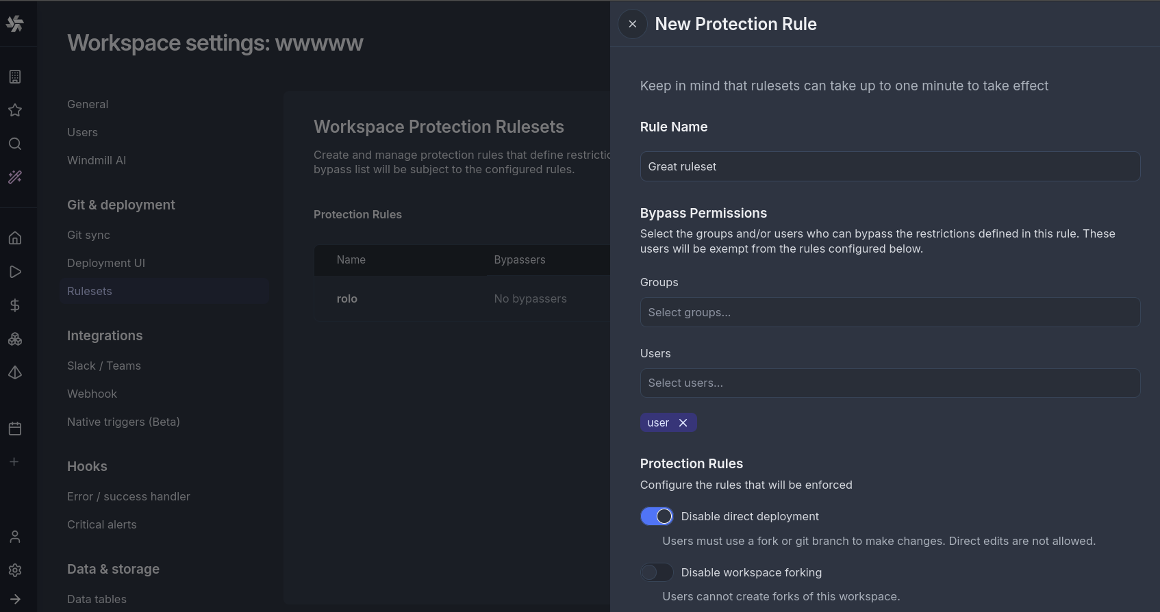 Rulset creation page